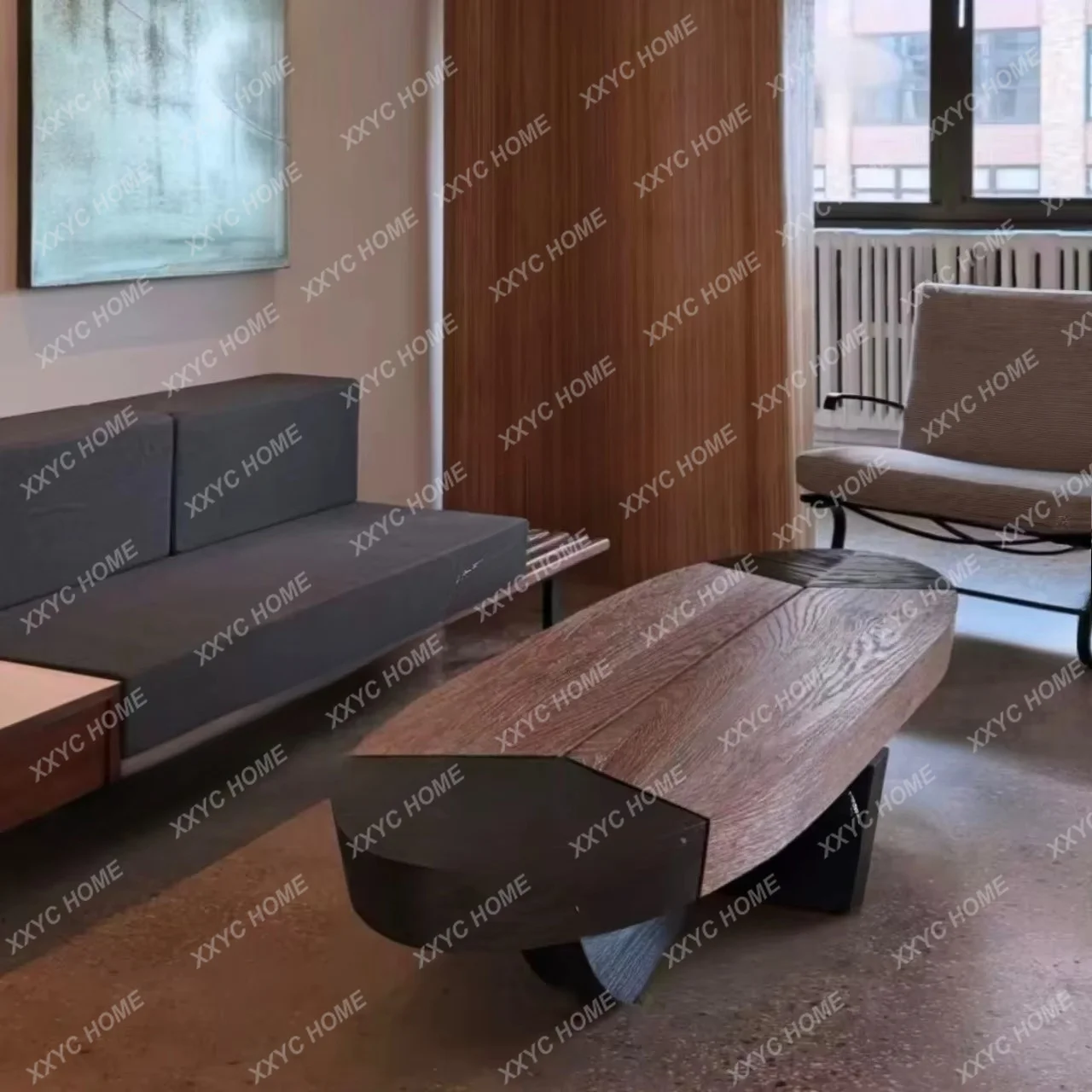 Medieval style solid wood oval living room home high-end color separation coffee table designer wabi-sabi wind side table