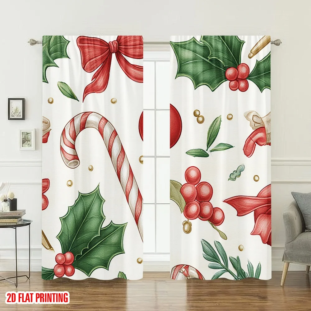 2pcs 2D flat printing Christmas Scene Curtains Christmas Holly Bow Candy Cane Digital Printed Polyester Drapes Party & Holiday