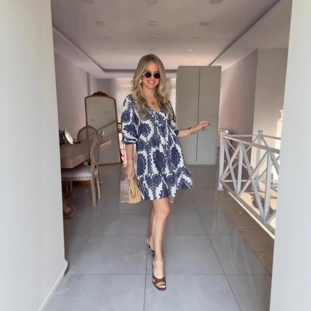 2026 Spring Summer Dress European American Fashion V Neck Ethnic Style Pattern Printed Dress Sleepwear XXXL Size Multiple Color