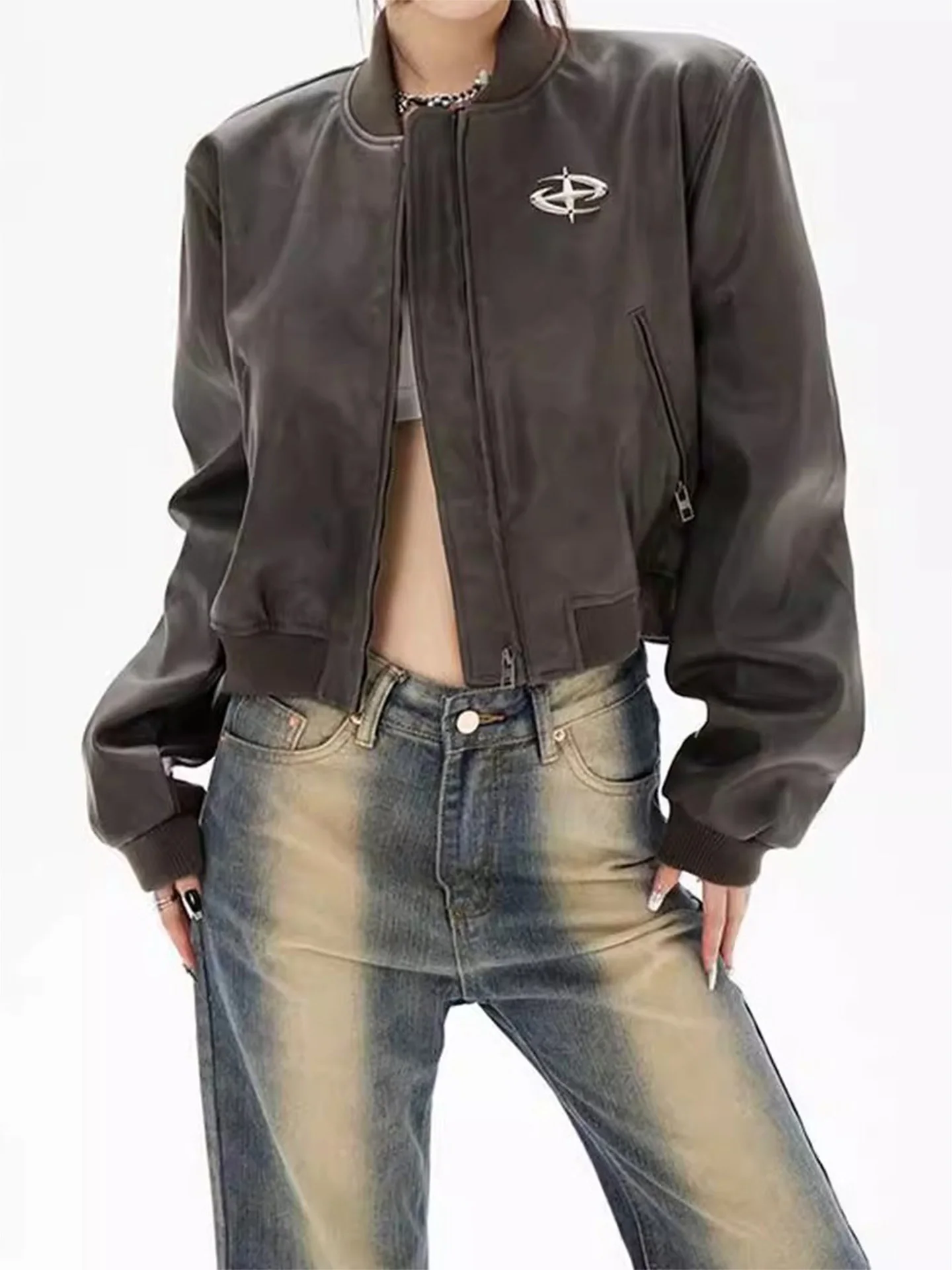 American sle ort beisebol jaet feminino início do outono novo retro high-end casaco de couro do plutônio suporte superior ajuste commute sle