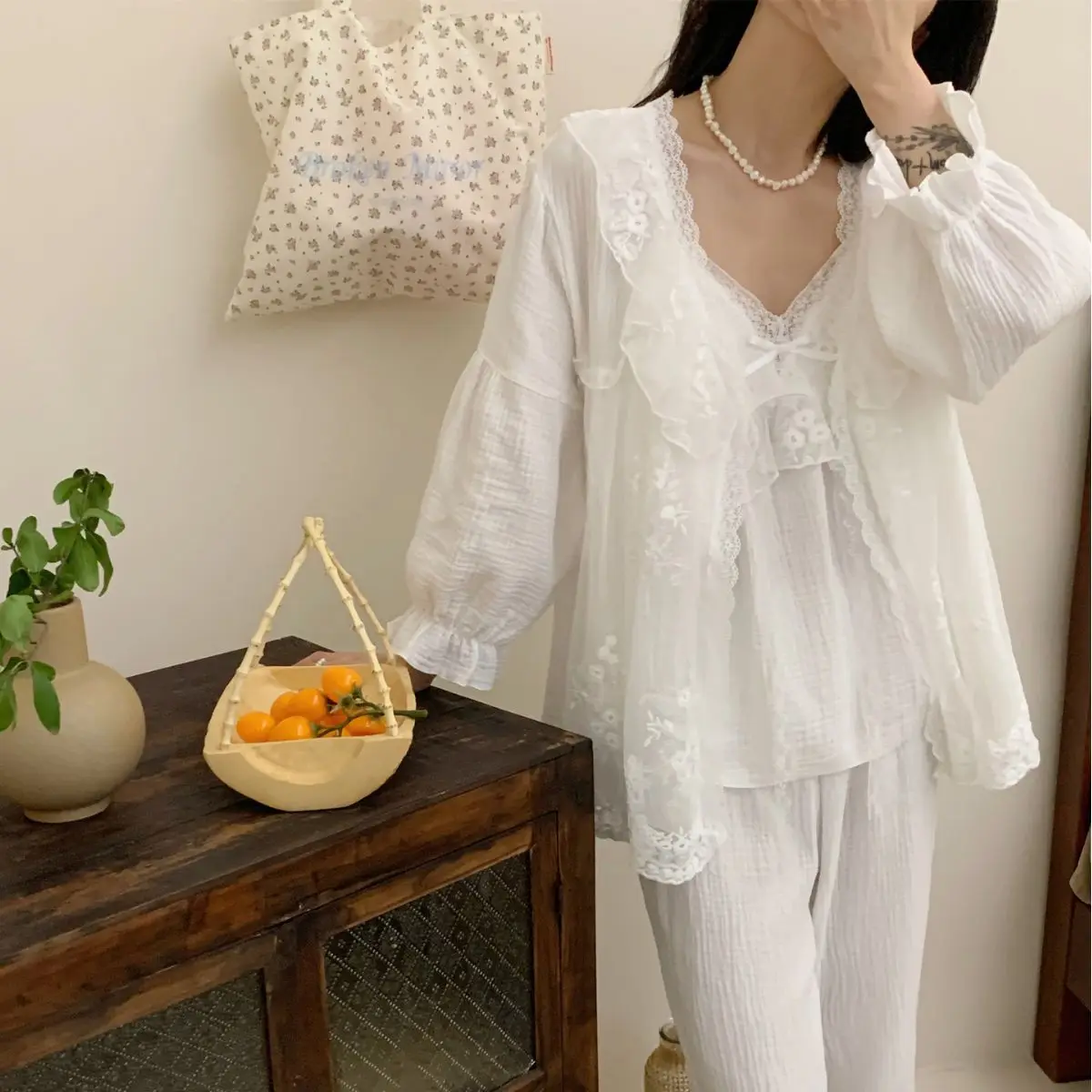 Conjunto de pijama feminino estilo corte francês, pijamas femininos, pijamas soltos, roupa de casa, terno de princesa, primavera, outono, 3 peças