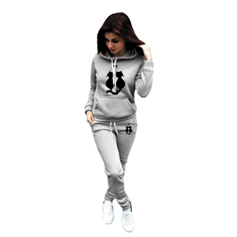 Winter New Cute Cat Love Women Sportsuits Two Piece Suits Hooded Sweatshirts Long Pants Fashion Sets