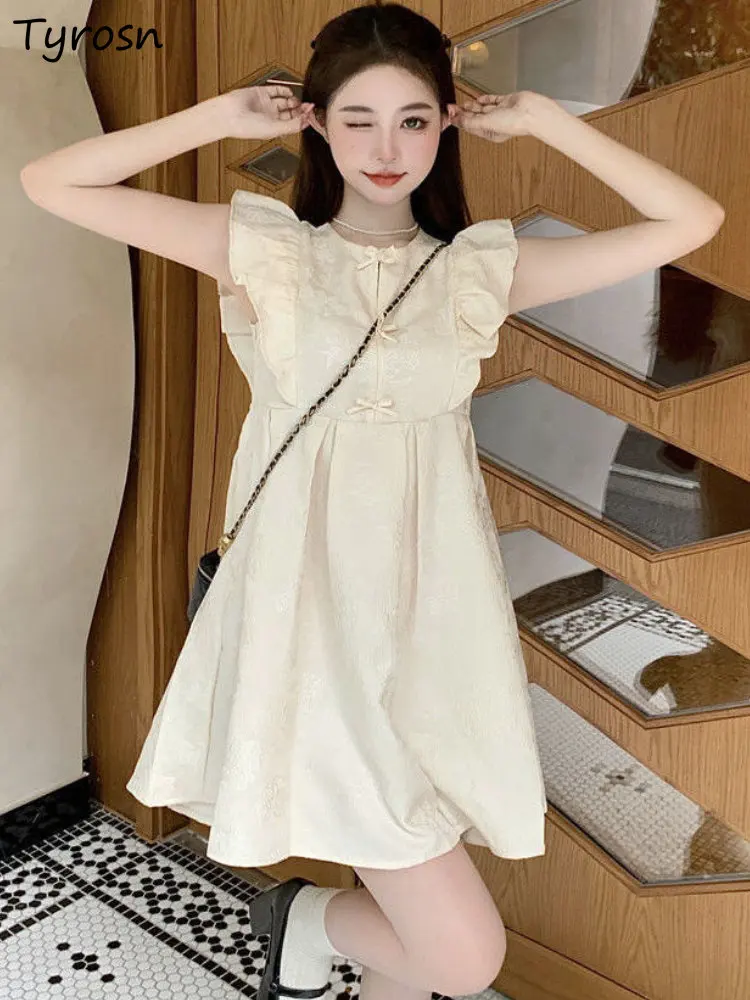 Sleeveless Dresses Women Loose Sweet Leisure Retro Elegant Mini Vestidos Tender Chinese Style Folds Simple Chic Summer Ladies