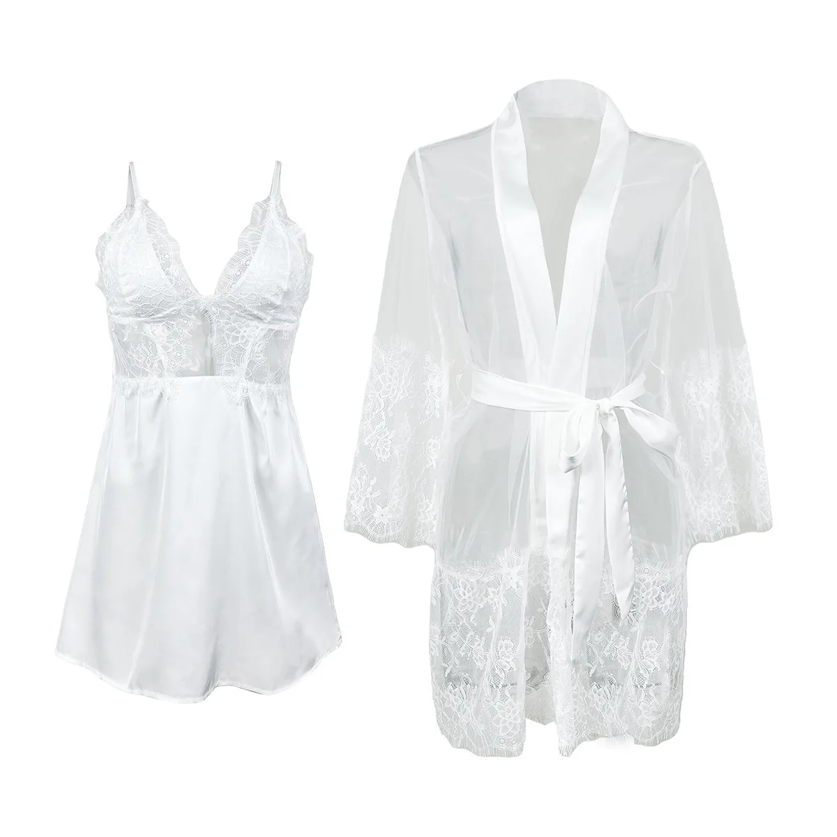 White 2Pcs Robe Set Women Sexy Lace Nightdress Mesh Bathrobe Summer New Homewear Wedding Party Loungewear Satin Sleepwear