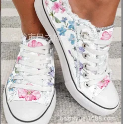 Floral Canvas Shoes 2023 New White Wild Women Large Size Shallow Mouth Lace-up Sports Shoes Casual Flat  Femme Zapatos