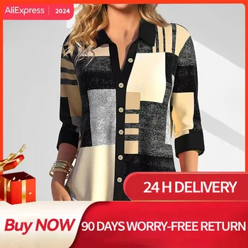 Dames overhemdblouse geruit geel blauw paars print knop lange mouw casual mode overhemdkraag pasvorm 2025, lente- en herfsttops