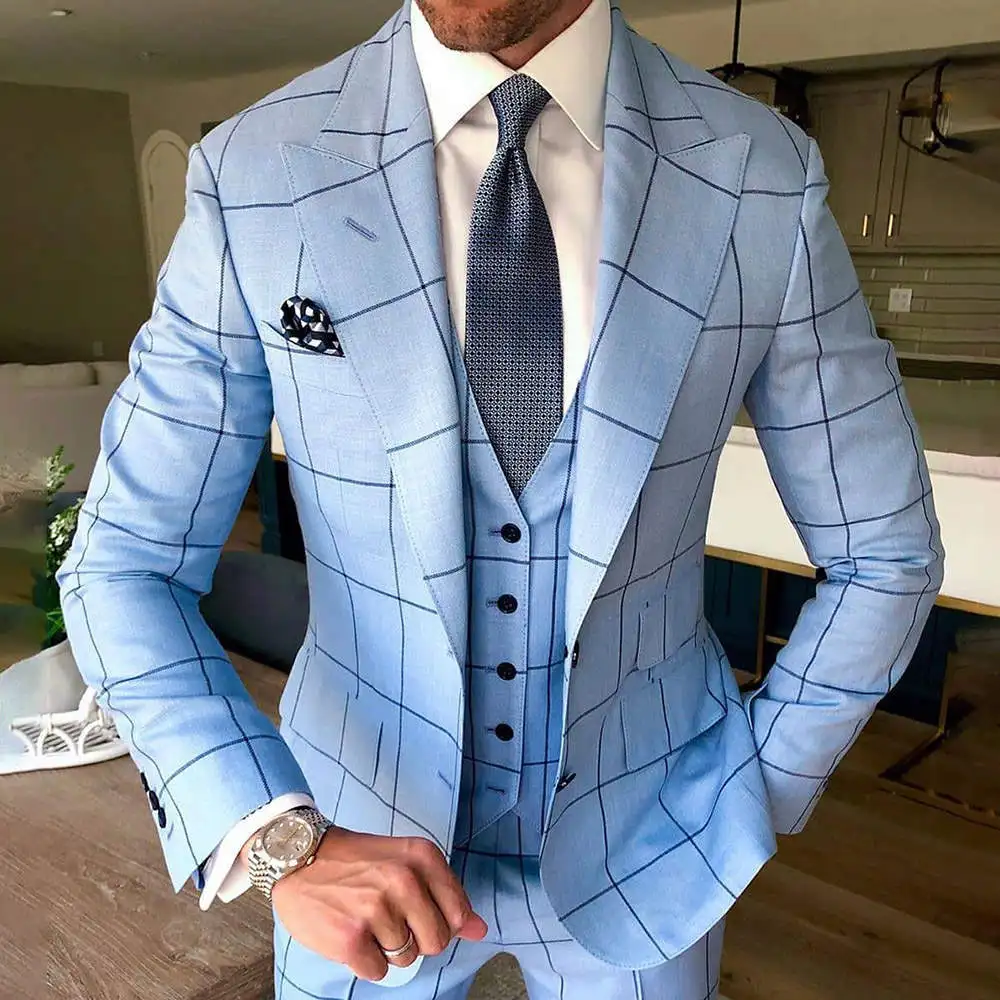 

Korean style grid slim-fit business suit for men, fashionable and handsome groom wedding suit for men,3-piece Men's Suit