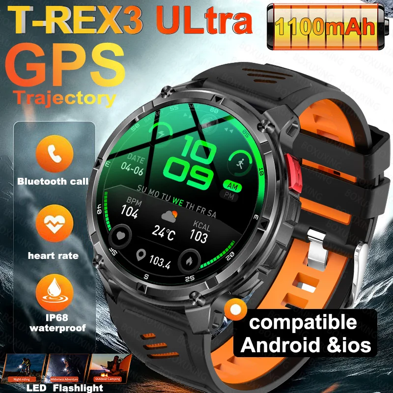

Новые умные часы T-Rex3 с аккумулятором 1100 мАч, прочные, для взрослых, с GPS-трекером, компасом, водонепроницаемостью 5ATM, функцией Bluetooth-звонков и спортивными функциями.