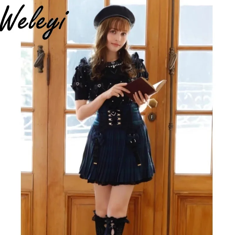 Super Nice Kawaii Lolita Bow Plaid Culottes Japanese Fashion Women's 2024 Autumn Mine New Sweet Versatile Slim Fit Short Faldas