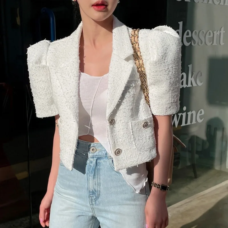 

Korean Temperament White Tweed Short Puff Sleeve Jacket Crop Top High Quality Women Elegant Office Outwear Clothes 2024 Summer