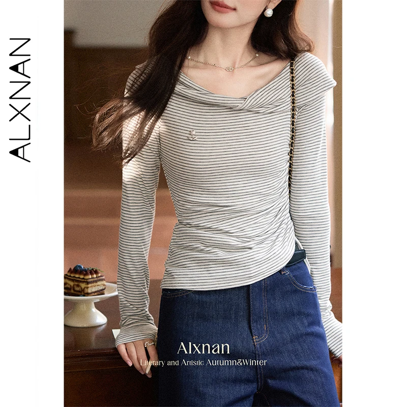 ALXNAN Plue Size Black White Striped T-shirt Women's Irregular One-shoulder Long Sleeve T-shirts Slim-fit Tops Female D12607