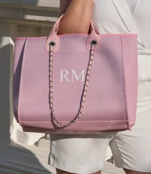 Baby Pink Monogram Canvas Tote Bag Custom Name Initial Bag Birthday Gift Chain Tote Bag Personalised Wedding Bride HandBag