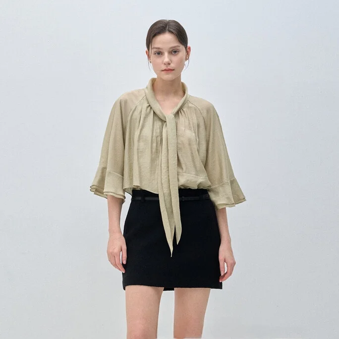 Ele V-ne Plissee irt Damen Faion Commute Sle Koreanische Version Pure Color Long Sve Button Detail Bluse