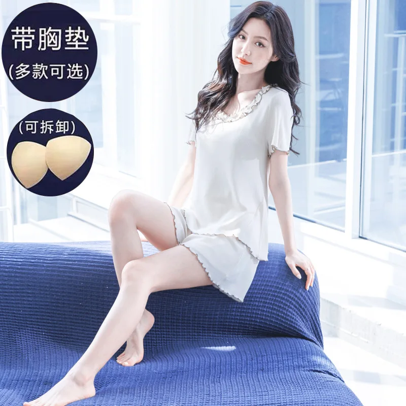 

S077 Yomrzl Summer modal short sleeves with chest pad thin two-piece women's pajama set