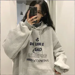 Korean Autumn Winter Letter Print Hooded Sweatshirt for Women Loose Casual Warm Street Pullover Sweatshirt Women Clothes Unisex