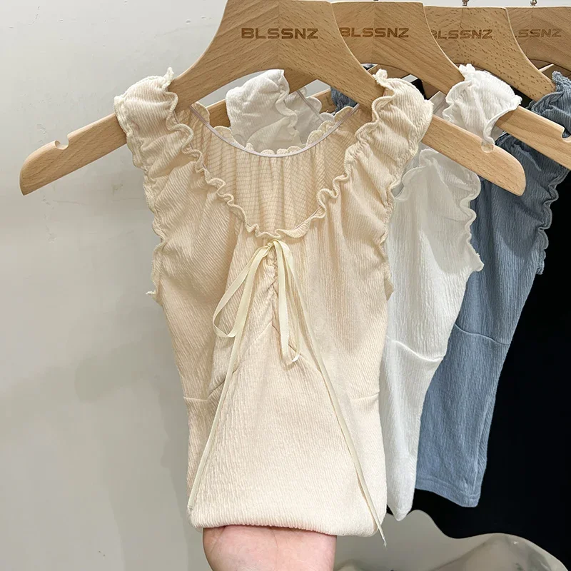 

New Korean Style Solid Pleated Edge Tank Top Women Summer Sleeveless Sexy Bow V-neck Slim Tops Femme Simple Sweet Cute Vests Y2K