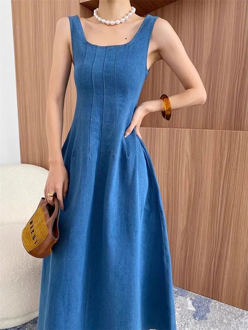 

French Retro Blue Denim Dress 2025 Summer Fashion Slim Fit New Design Mid Length Vest Dress G1129