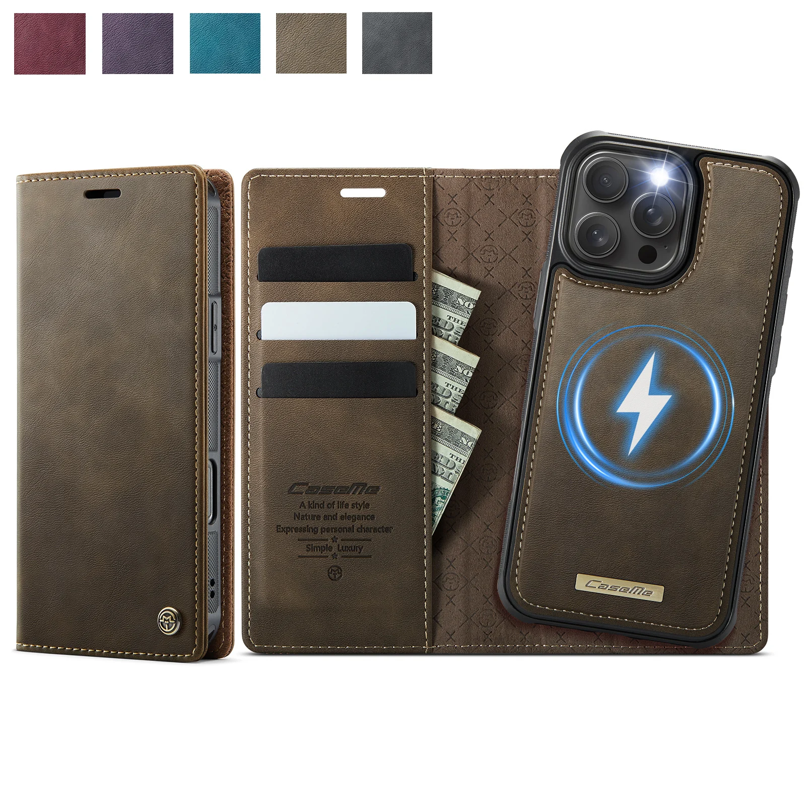 

Caseme-C49 Magnetic Wireless Charging Leather Wallet Card Phone Case for iPhone 16 Pro Max 15 Pro 14 13 12 11 Flip Purse Holder