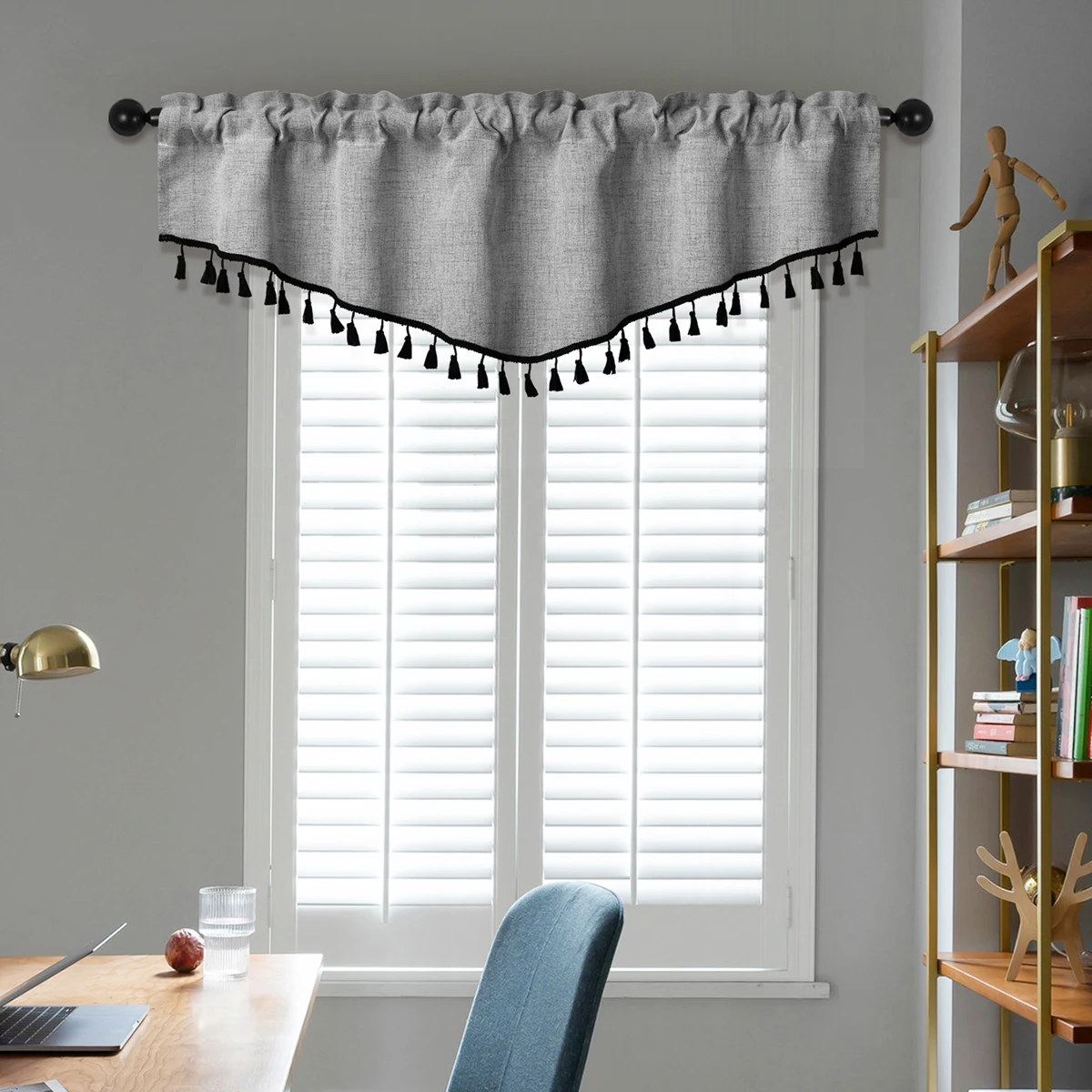 1 pc Japanese Style Valance，Rod Pocket，Hemp Cotton Material V-shaped Window Short Curtain with Tassel for the Home Decor