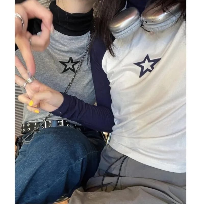 Autumn New Stitching Star Print Long-sleeved Women T-shirt Korean Fashion Casual Harajuku High-neck Basic Bottoming Shirt 2022