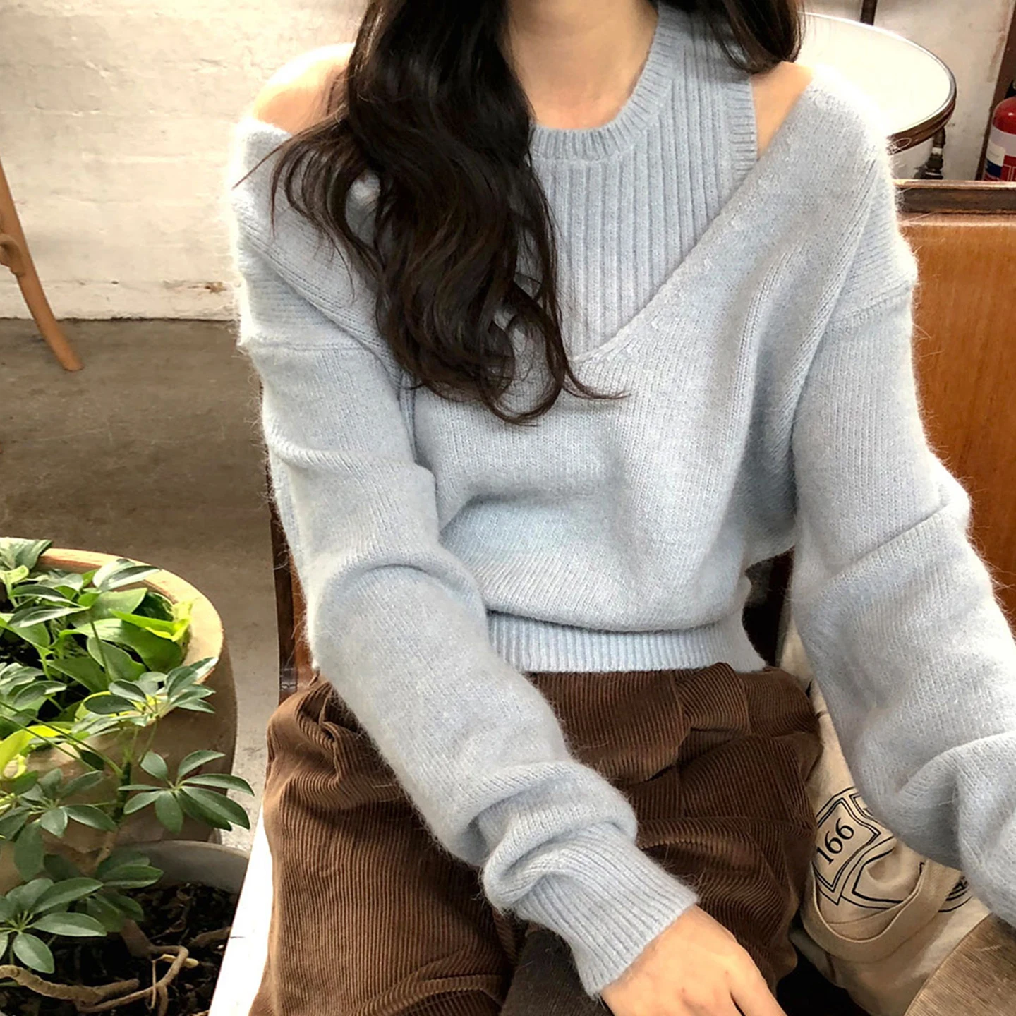 Korean Chic Autumn Winter Soft Girl Plu Sweater Striped Vest V Ne Knitted Long Sve Top Bot Set Women Faion Outfit