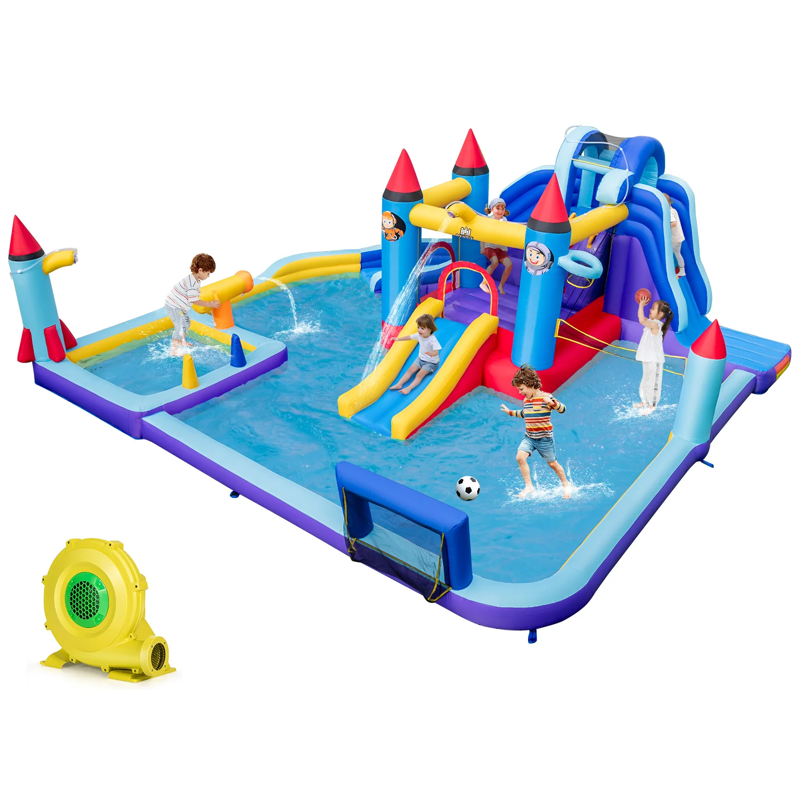 

Rocket Theme Inflatable Water Slide Park w/ 1100W Blower 2 Slides Splash Pool