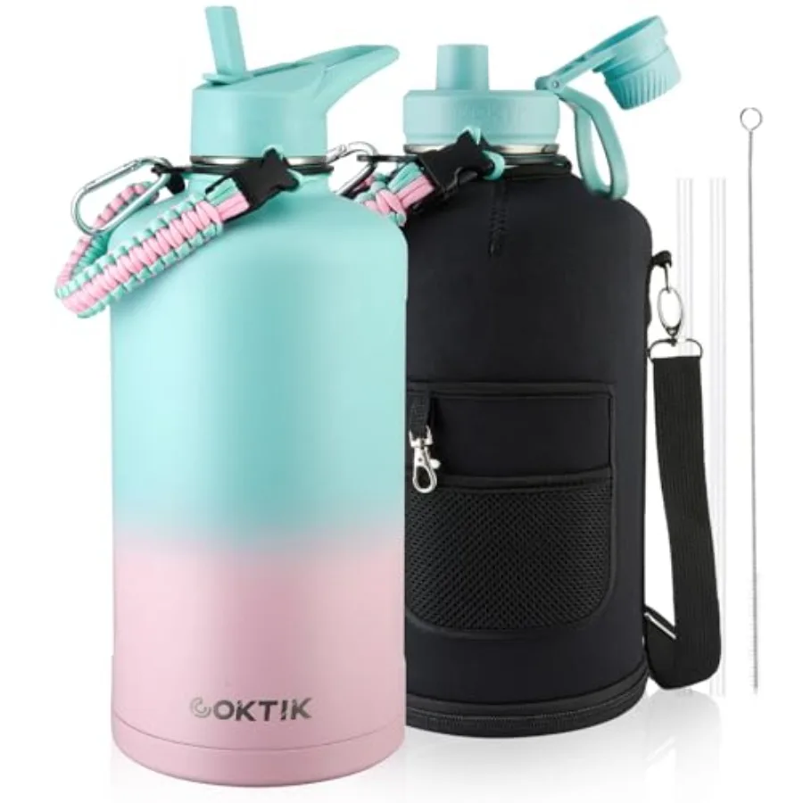 

Термос-бутылка для воды из нержавеющей стали с вакуумной изоляцией, портативная, 1 галлон, большая емкость, спортивная бутылка с соломинкой, сумкой для переноски и ремешком.