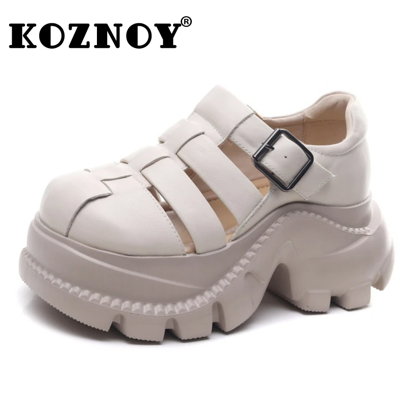 

Koznoy 6cm Cow Weave Genuine Leather Hook Hollow Mary Jane Sandals Summer Slippers Pumps Shoes Flats Platform Wedge Women
