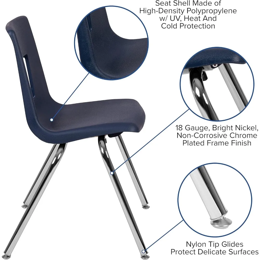 Chaise d'école empilable pour étudiants, bleu marine, dégradbrillant, cadre chromé non corrosif, finition, peu encombrante, empilable