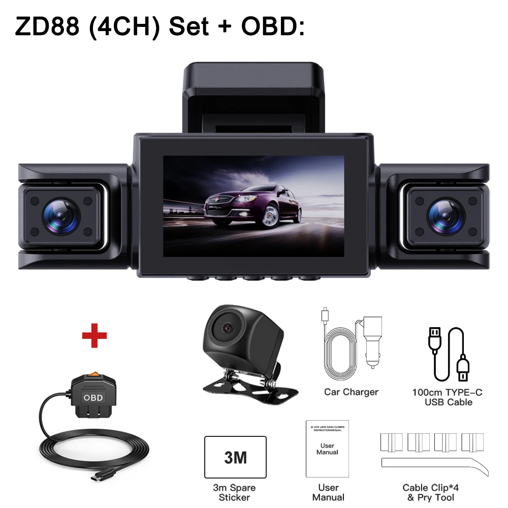 BEPOCAM 4CH Dash Cam 4K voor auto 360 °   Bekijk DVR-camera 24-uurs parkeermodus GPS WiFi- en APP-bediening Videorecorder Nachtzicht ZD88A