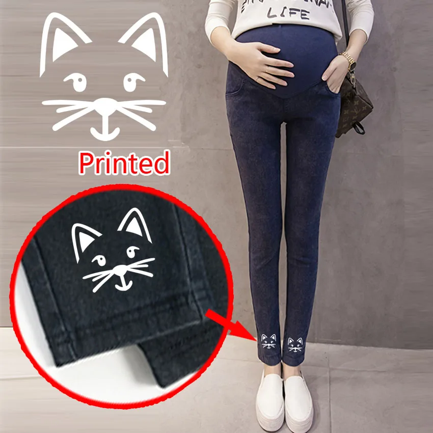 

Denim Jeans Maternity Pants Pregnant Women Clothes Nursing Pregnancy Leggings Trousers Gravidas Jeans Cat Print Maternity Cloth