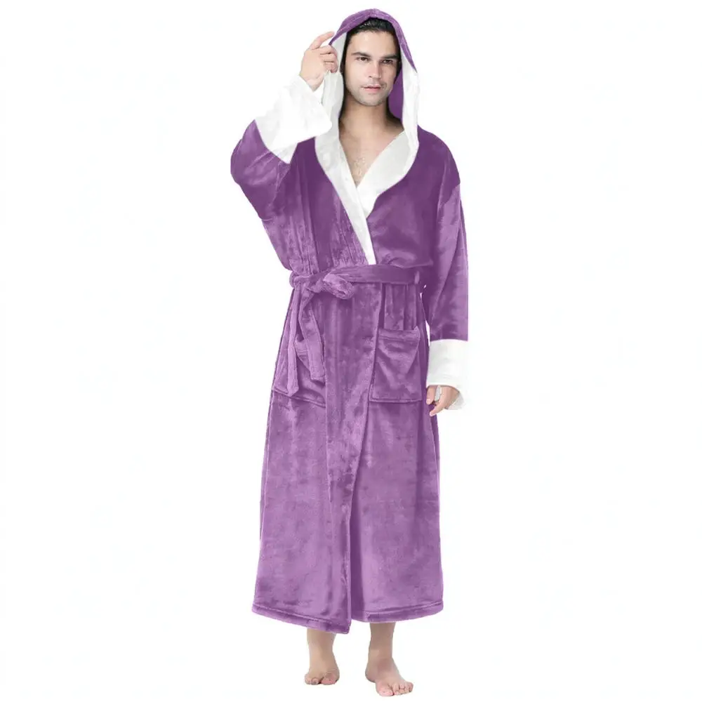Mens Cotton Bathrobe Comfortable Loungewear Sleepwear Color Block Luxury Dressing Gown Kimono Style Breathable Home Bath Pajamas
