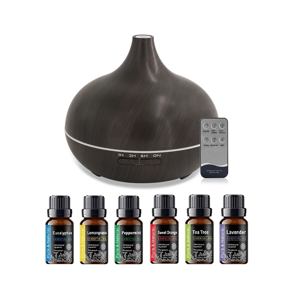 

550ml Wood Grain Essential Oil Diffuser with Remote Control Ultrasonic Cool Mist Humidifier, 7 Color LED Lights & 6 Essential O