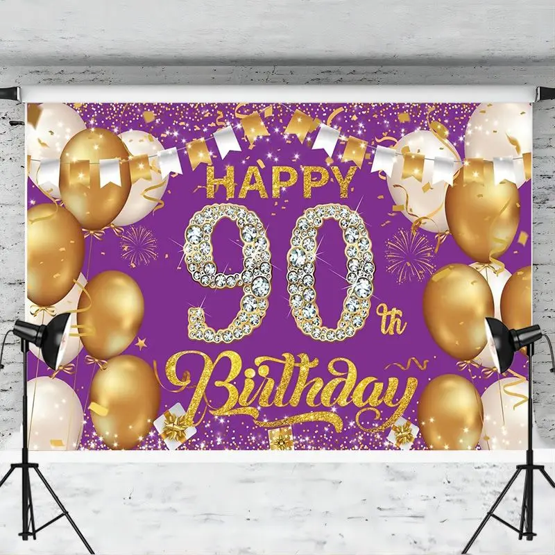 90th Happy Birthday Backdrop Purple Gold Photography Background Banner for Men Women 90 Years Old Party Supplies Decoration