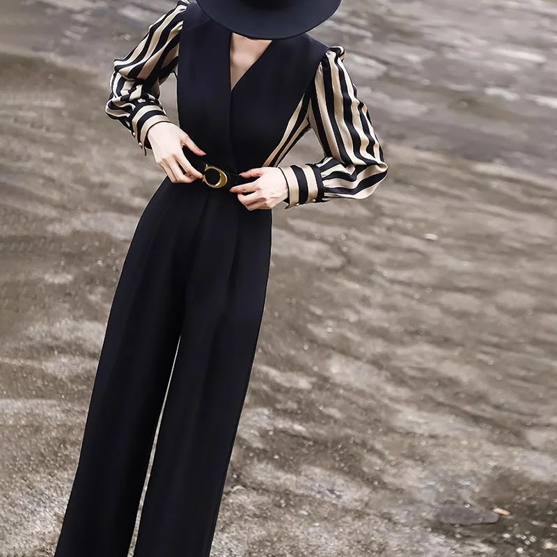 

High Waist Wide Leg Pants Striped Splicing Long Sve Jumpsuit Commute Sle Autumn New Arrival Ele Chinese Production
