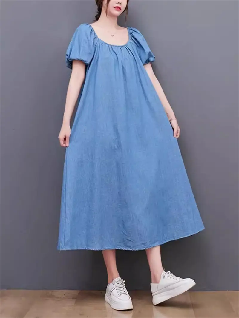 2024 French Retro Bubble Sleeve Denim Dress Medium Length Summer Thin Casual Loose Large Size Women Jeans Vestidos K860