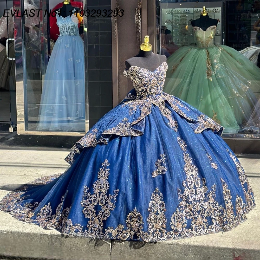 

EVLAST Customized Glitter Navy Blue Ball Gown Quinceanera Dres Gold Lace Applique Beaded Bow Sweet 16 Vestidos De 15 Anos E1Q970