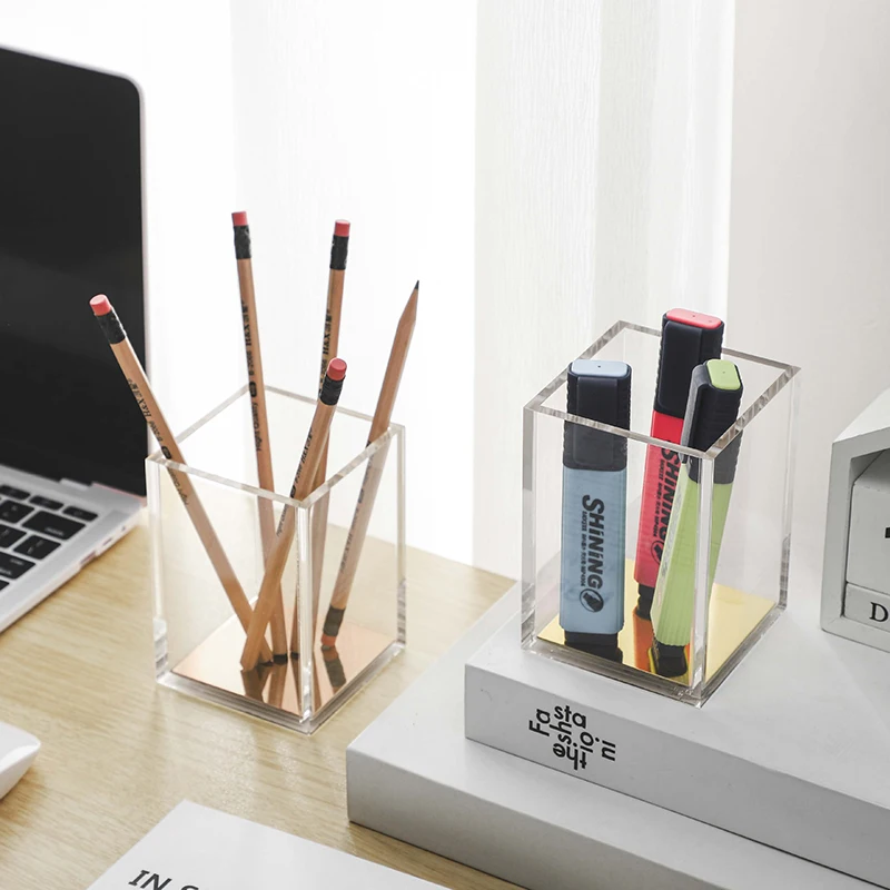 New Desk Organizer Transparency Pencil Case Pen Container Rose Gold Cup Acrylic Cosmetics Storage Tube Desktop Office Supplie