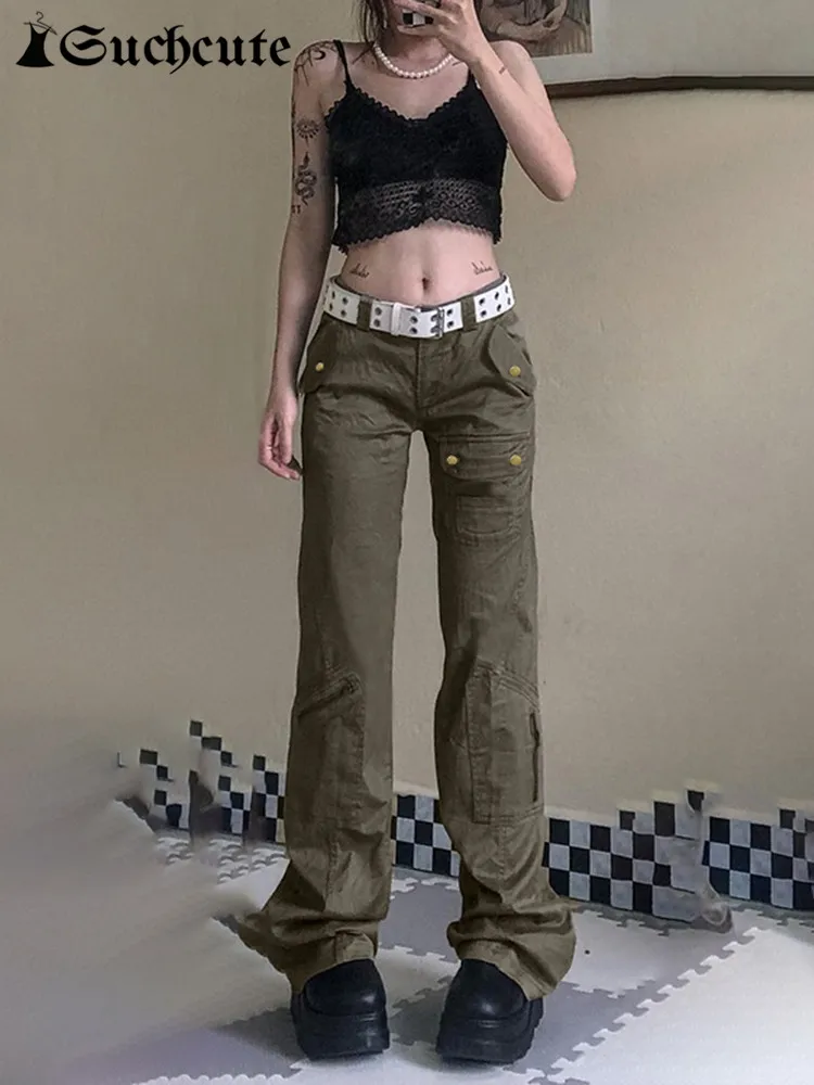 SUCHCUTE Vintage Cargo Jeans y2k Low Waist Streetwear Baggy Denim Trousers Women Pocket Up Solid Pant casual 2024 Autumn Clothes