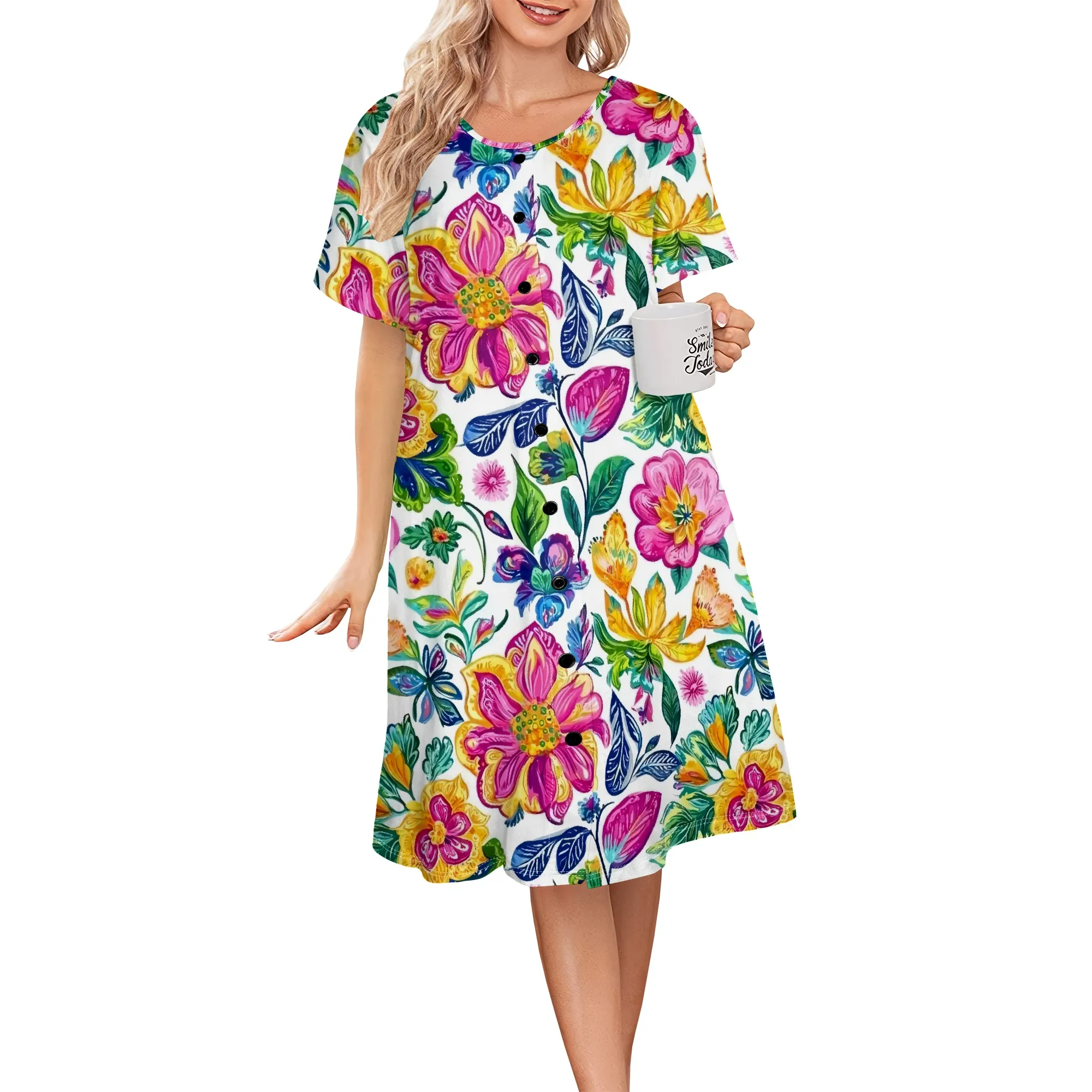 

Womens Summer Casual Midi Bright Paisley Floral Pattern Dresses Short Sleeve Button Down T Shirt Dress Beach Cover Up Dress