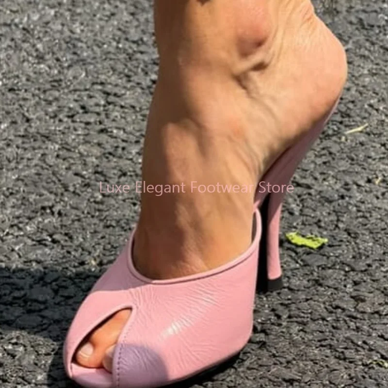 

Pink Leather Open Toe Slingback Mules Slippers Women Solid Slip On Hollow Stiletto Sandals Elegant Sexy Party Shoes New Style