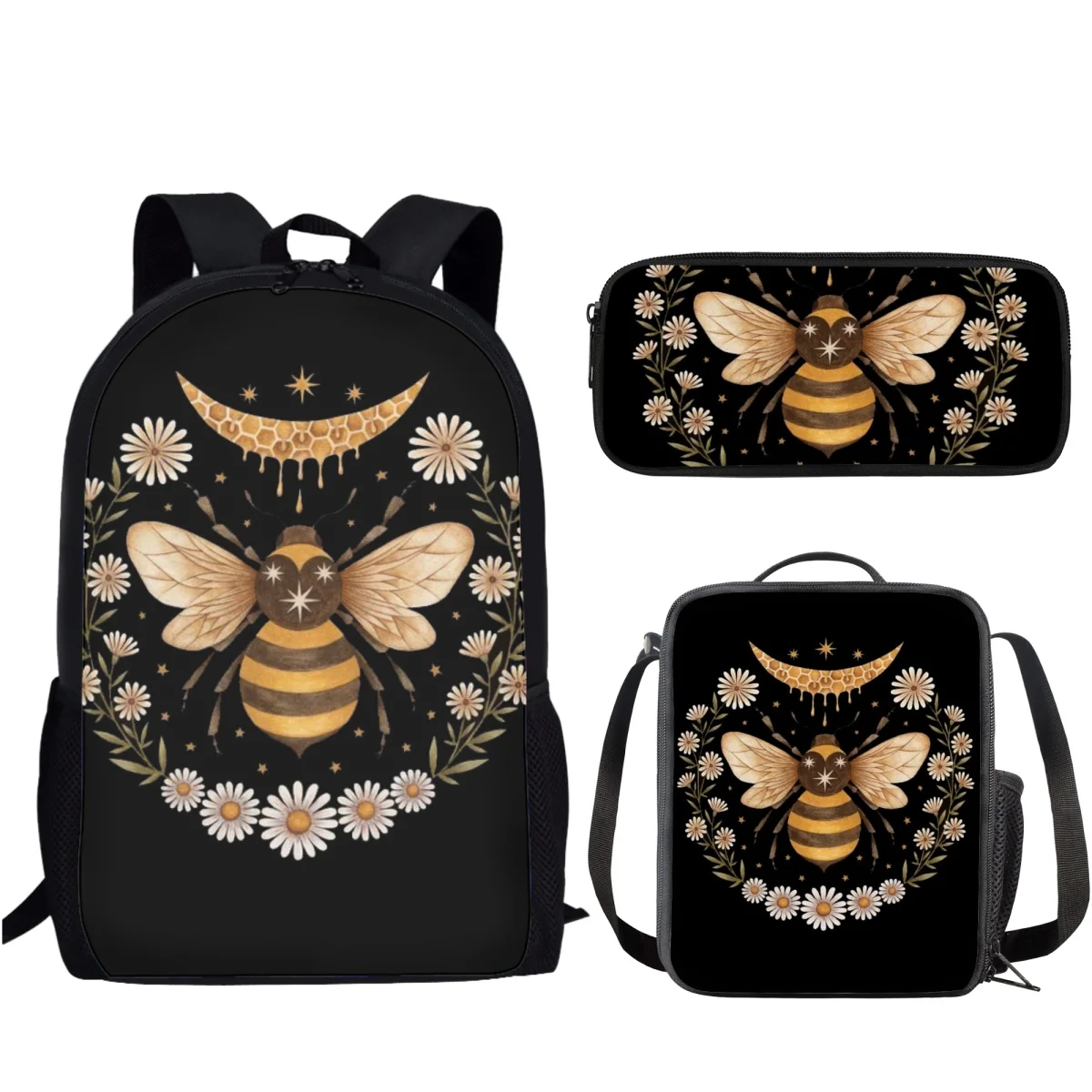 Conjunto de sacolas escolares de abelha, mochila animal para adolescentes, meninos e meninas, mochila casual para estudante primário, 3 peças