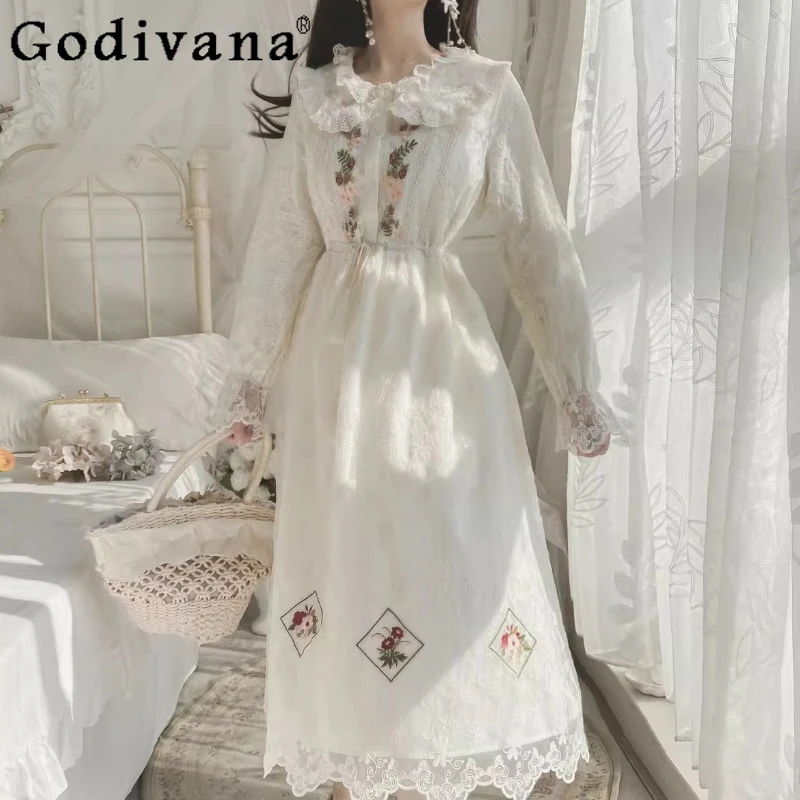 

Mori Girls Sweet Lolita Dress Spring and Autumn Women's Exquisite Cute Embroidered Lace Doll Collar Long Dress Princess Dress