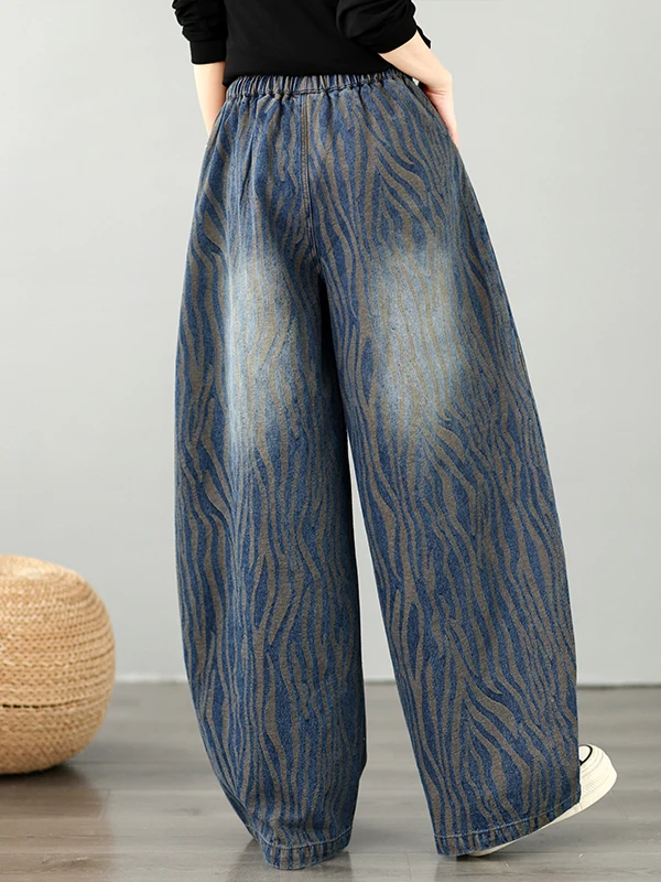 plus Size Denim Wide Leg Pants Women's High Waist Straight Cut Casual Diamond Embellished Elastic Loose Slimming Blue Jeans