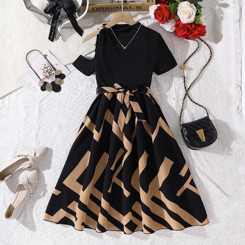 

Girls 8-12 Casual Diagonal Print Dress, Front Cold Shoulder Belted Waist A-Line Skirt/Back Plain Top, Daily Kids Outfit