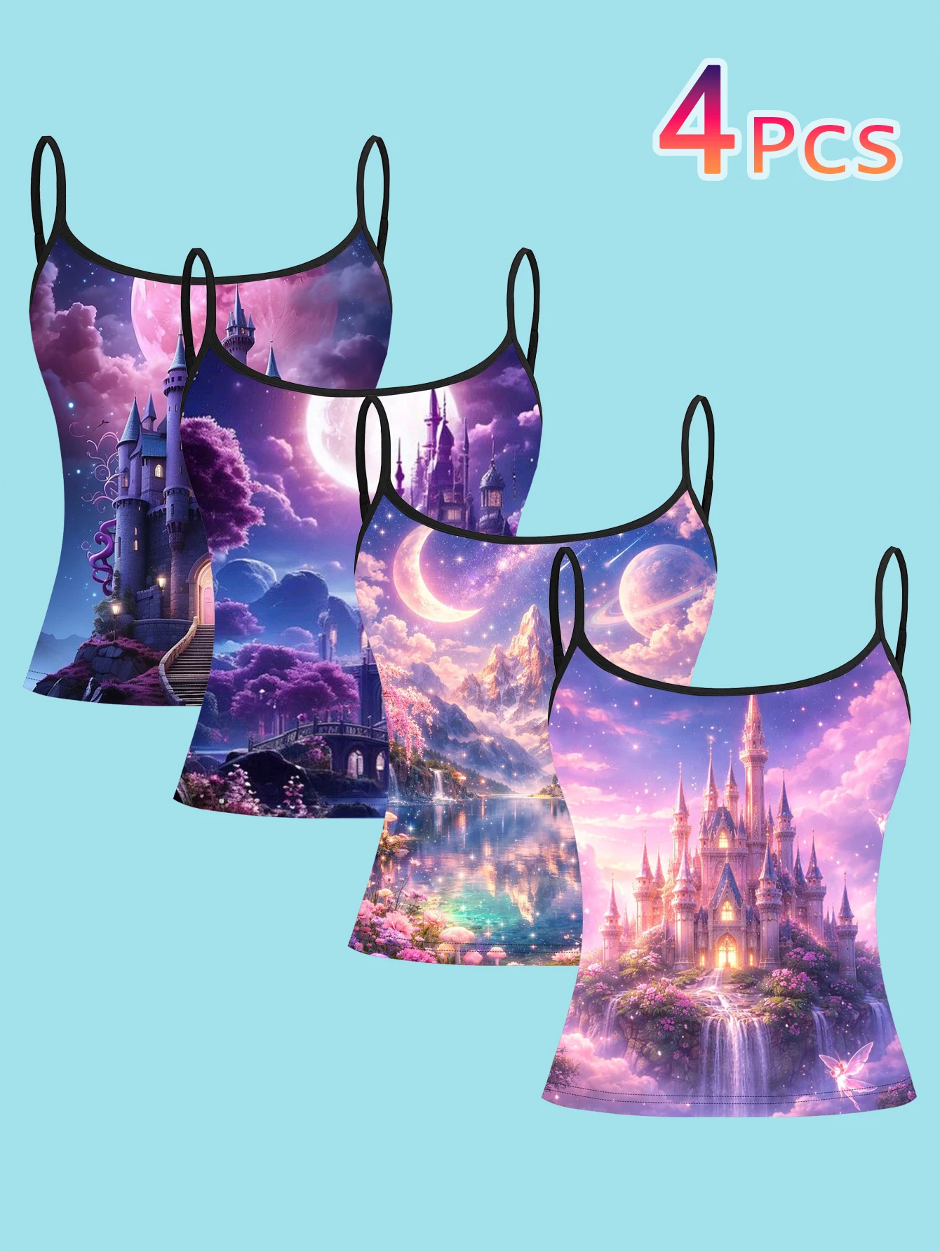 4-Piece Set of Starry Wonderland Castle Camisole Set, Pink and Purple Nebula Waterfall Castle Women's Slim-Fit Base Tank Top