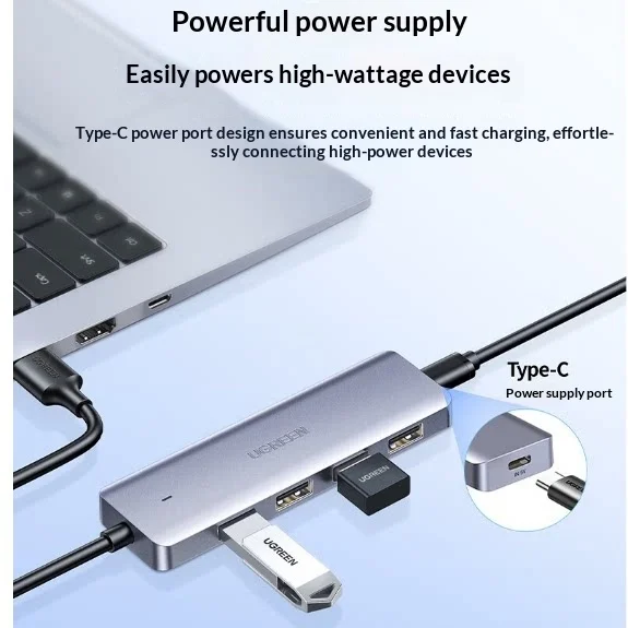 UGREEN 15917 USB 3.0 Hub 4-Port 5Gbps 0.5m Cable Type-C Power Input for Laptop Desktop Keyboard Mouse Flash Drive Hard Drive