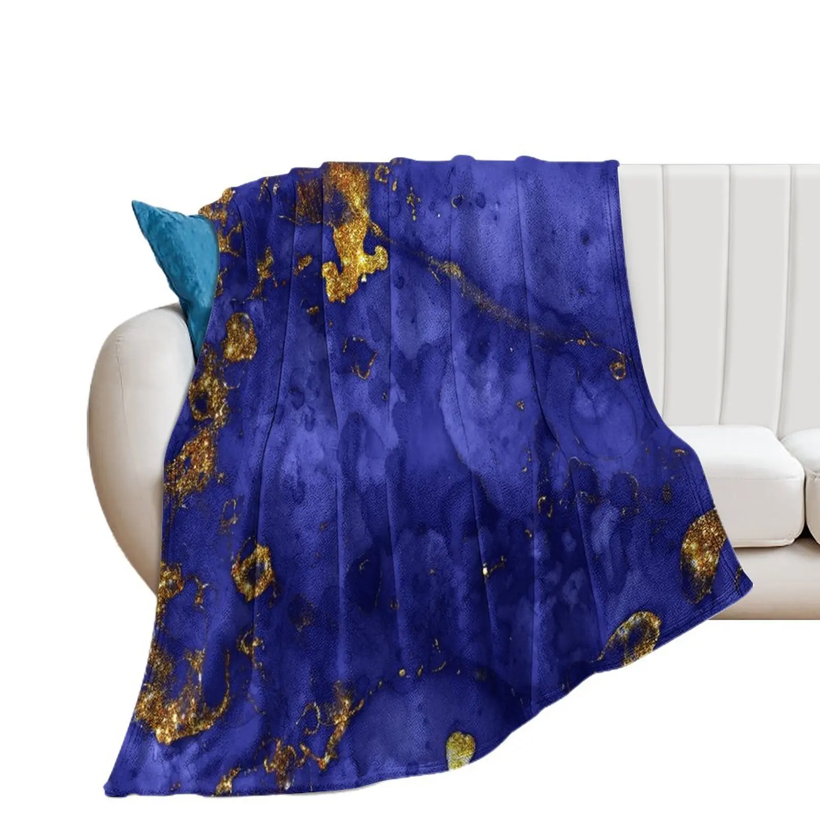 

Indigo Blue and Gold veined Faux Marble Throw Blanket Multi-Purpose Bed linens Bed Fashionable Luxury Brand Blankets