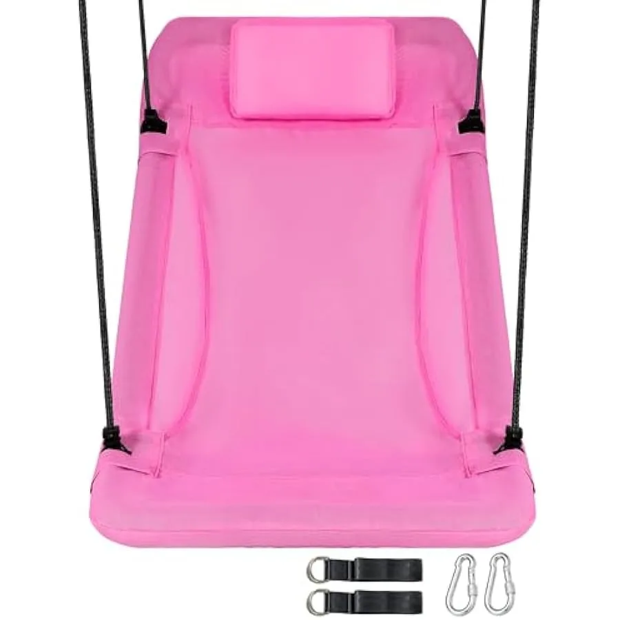 

43" Outdoor Swing Chair Tree Swing for Adults Weather Resistant Heavy Duty Platform Swing with Pillow 4 Hanging Straps Set Pink