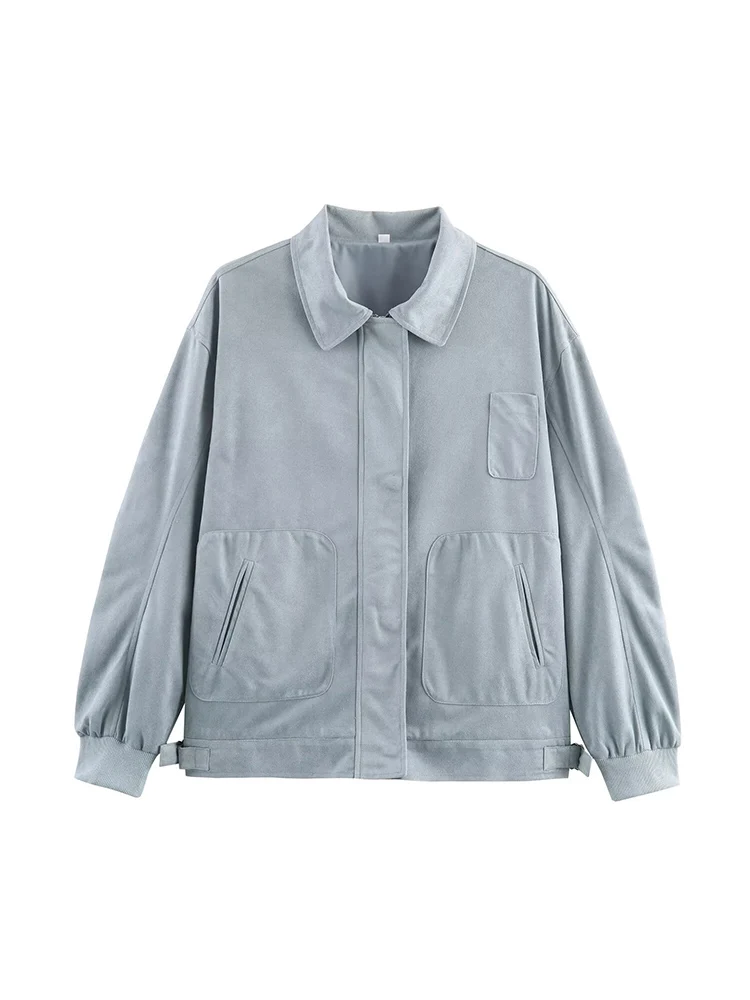 

European style new women's fashion versatile temperament solid color lapel loose suede short jacket